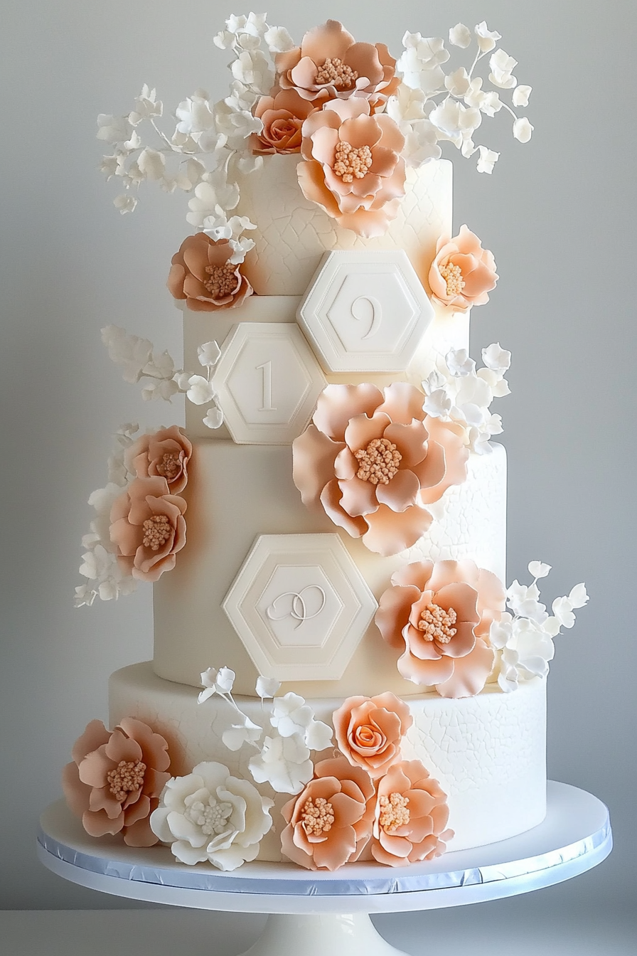 Wedding cake. Tall, 5-tier monogrammed tower, asymmetric hexagonal shapes, peach sugar flowers.