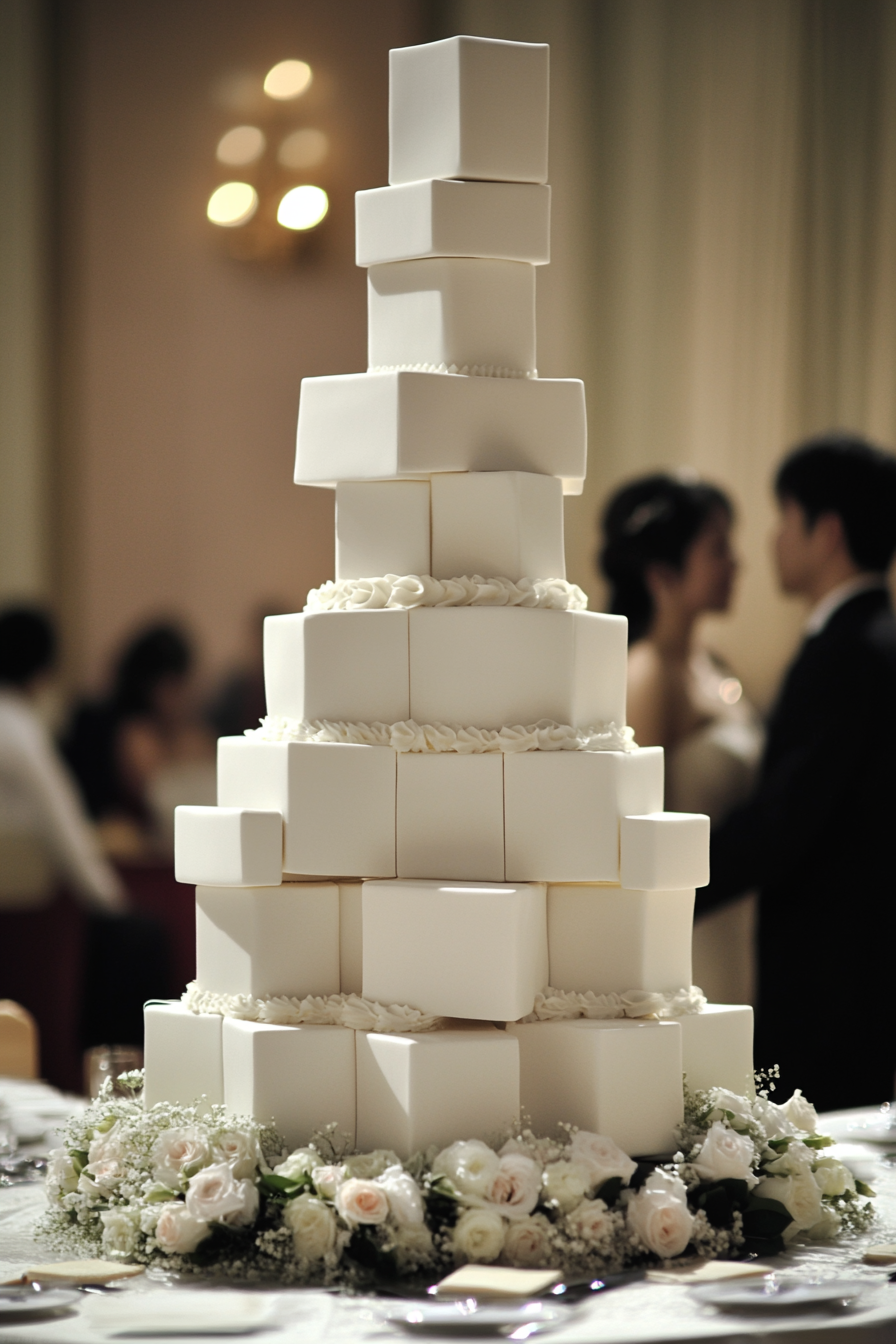 Oversized tiered wedding cake. Asymmetrical cube shapes towered, matching the couple's height.