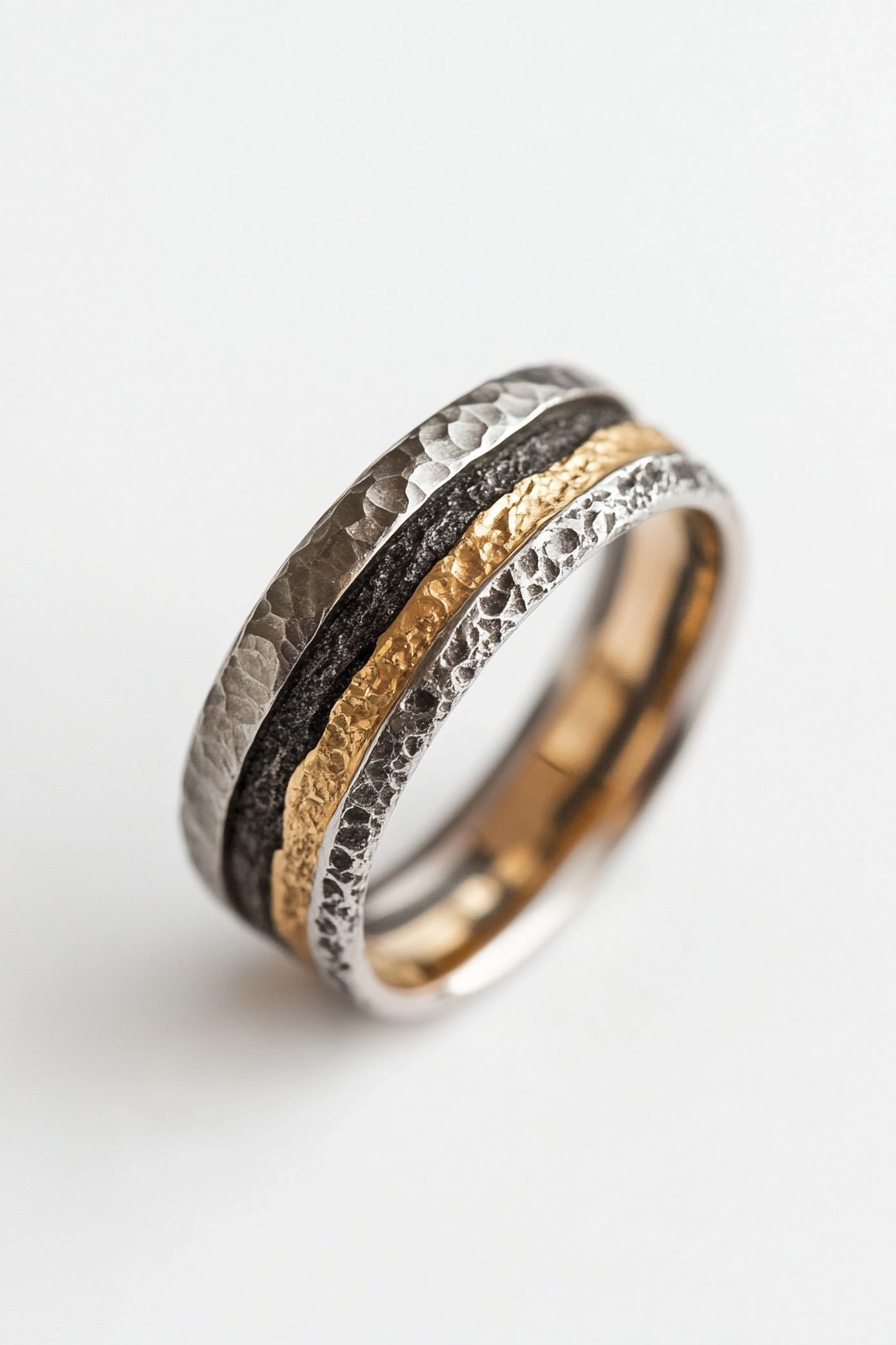 Wedding ring. Mixed metal layers with textured platinum and gold segments, comfort-fit interior.