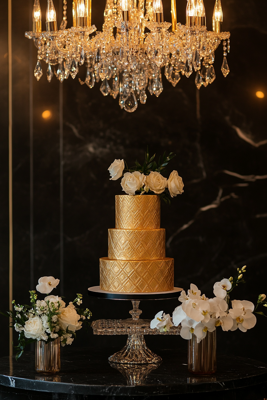 Wedding aesthetic. Gold geometric pattern wedding cake on black marble table under crystal chandelier.