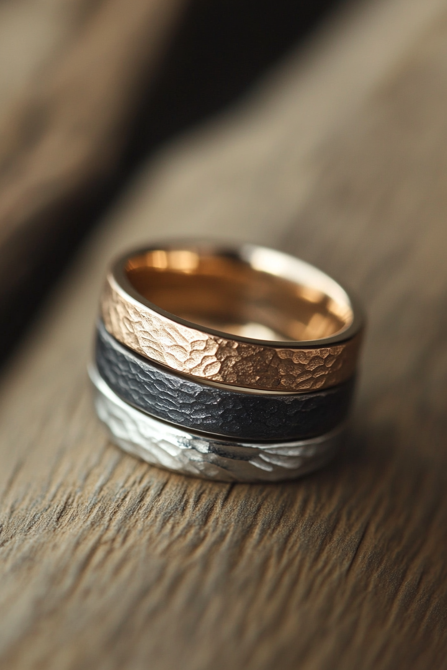 Wedding ring. Mixed metal layers with a comfort-fit interior and geometric textured design.