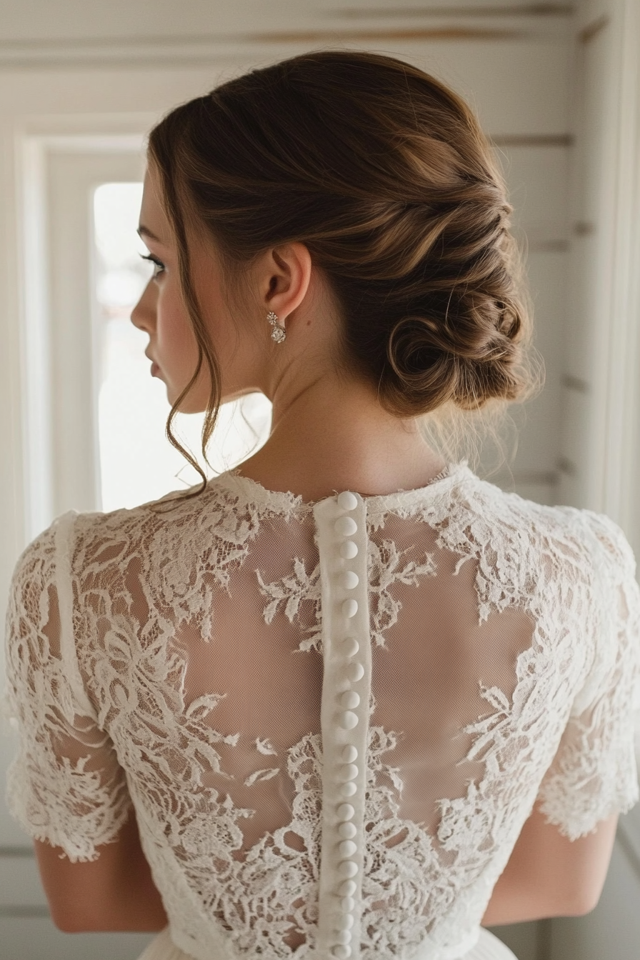 Bridal gown. Cotton lace overlay with vintage-inspired button back and prairie sleeves.