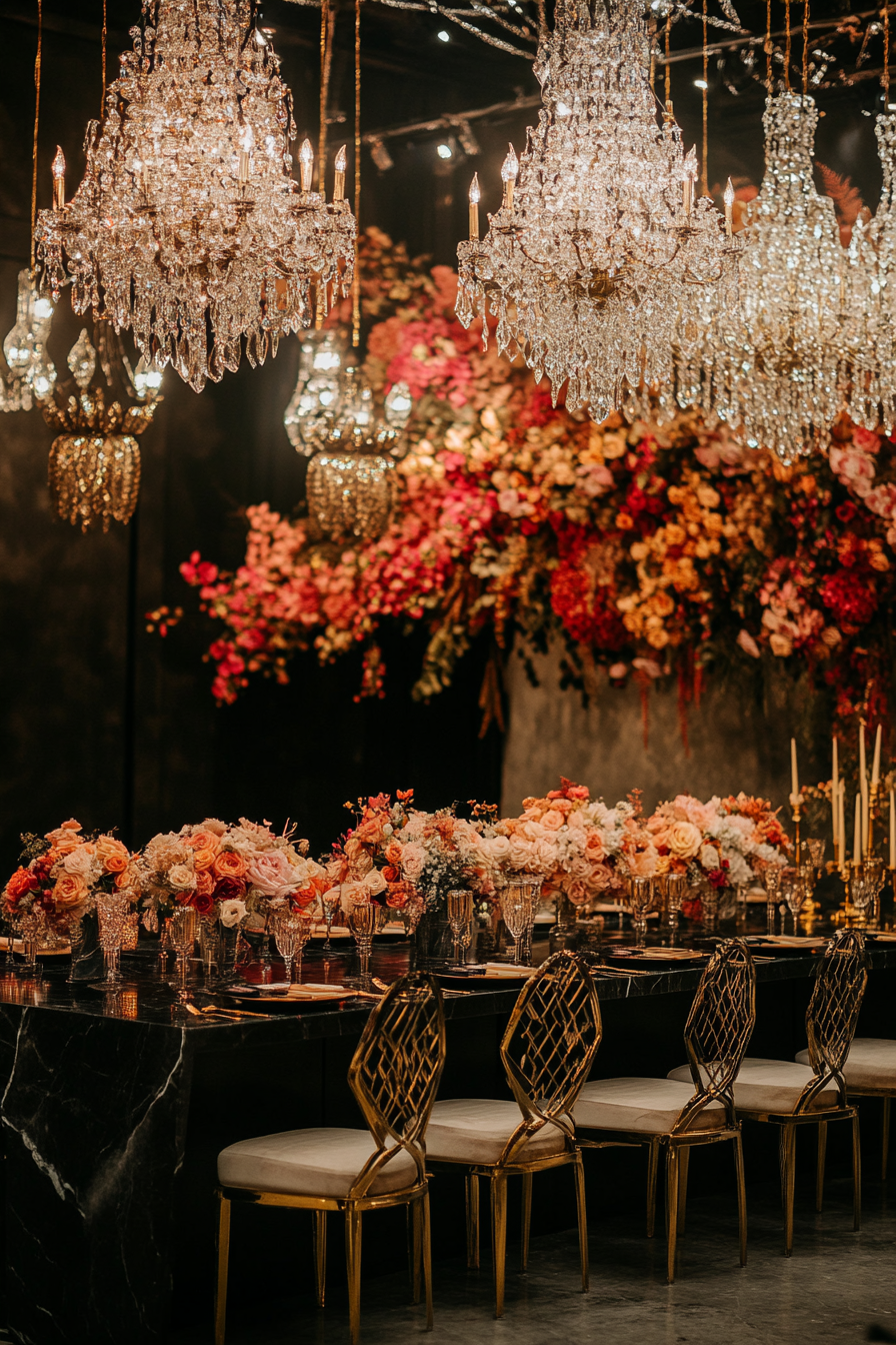 Wedding aesthetic. Gold geometric patterns on black marble table under crystal chandeliers.