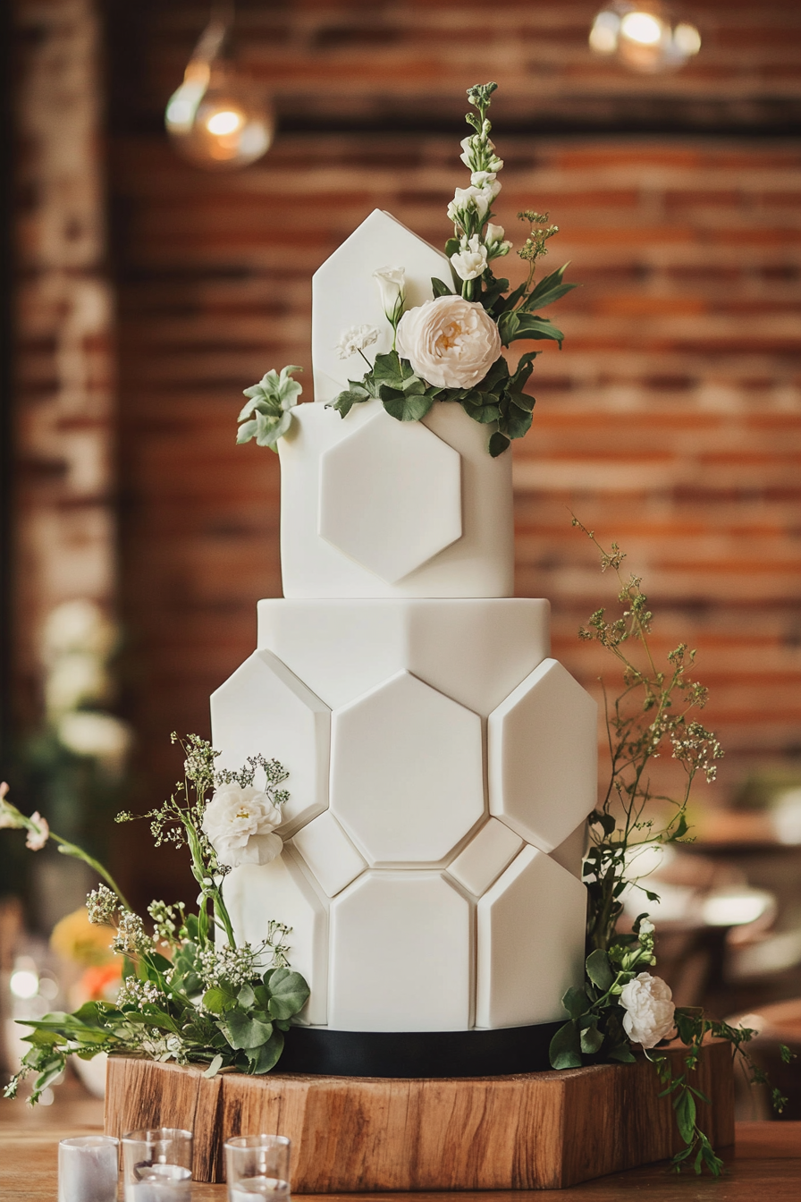 Oversized tiered wedding cake. Asymmetrical hexagon and octagon shapes, towering to 6 feet.