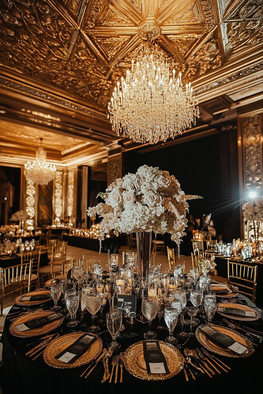 Wedding aesthetic. Gold geometric patterns, black marble centerpiece, crystal chandeliers under stepped ceiling.