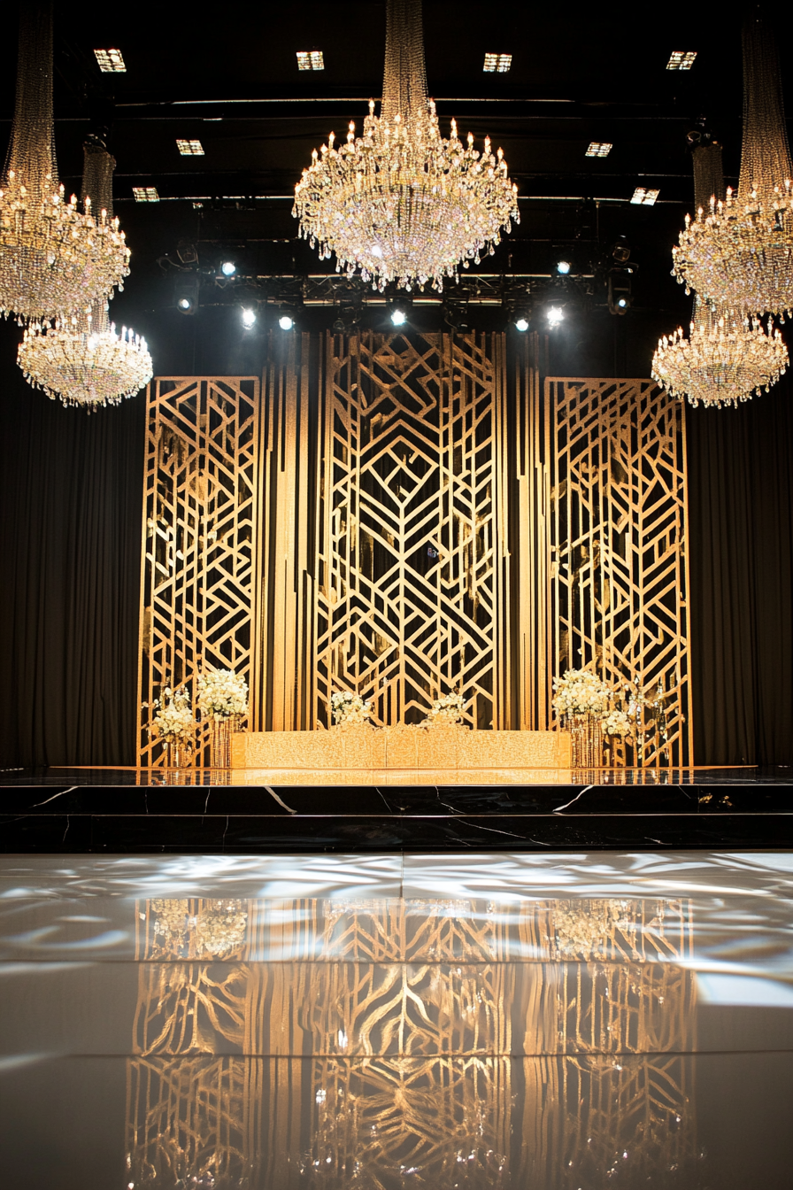 Wedding aesthetic. Gold geometric pattern on a black marble stage beneath crystal chandeliers.