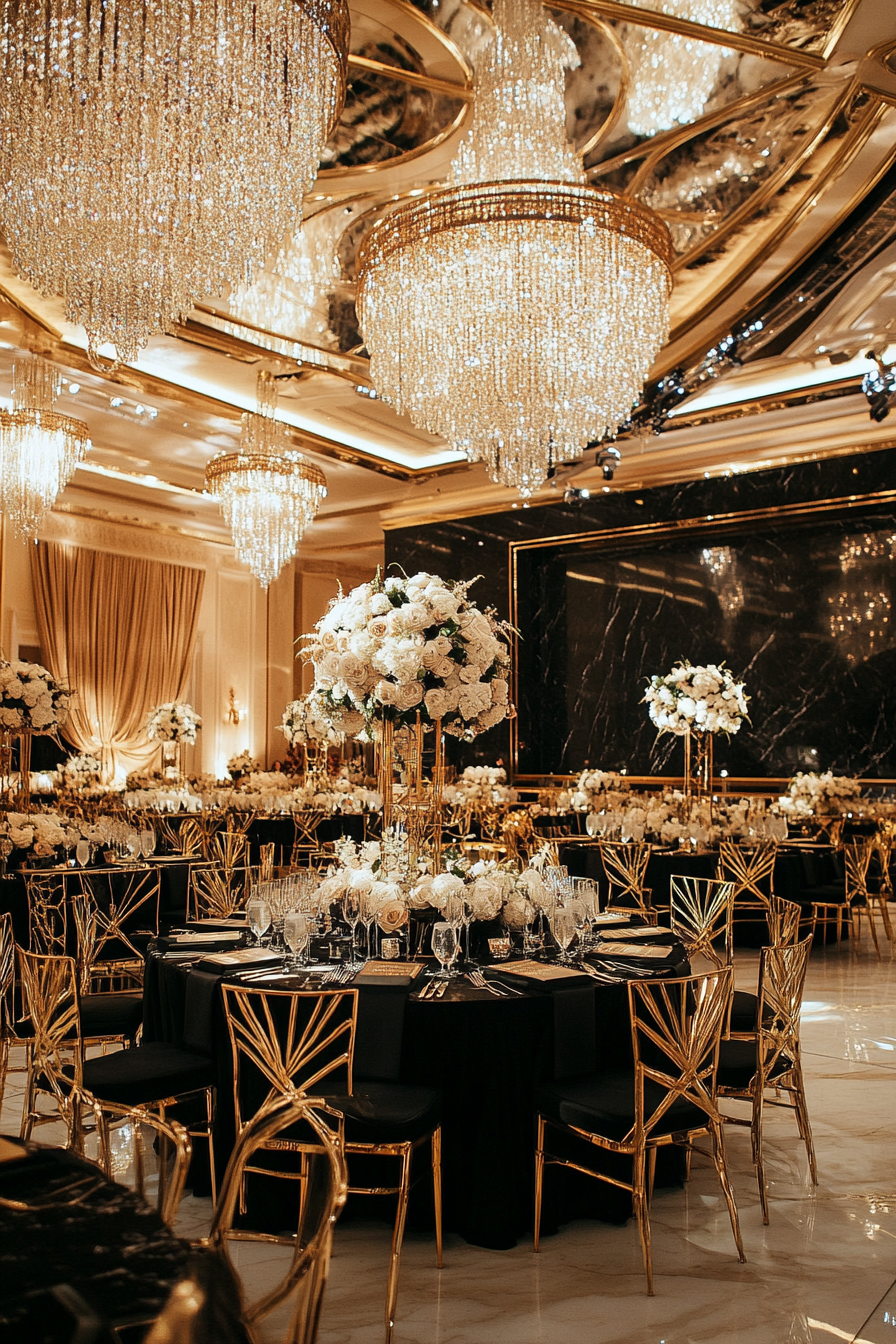 Wedding aesthetic. Gold geometric tables, black marble stationery, crystal chandeliers over stepped ceilings.