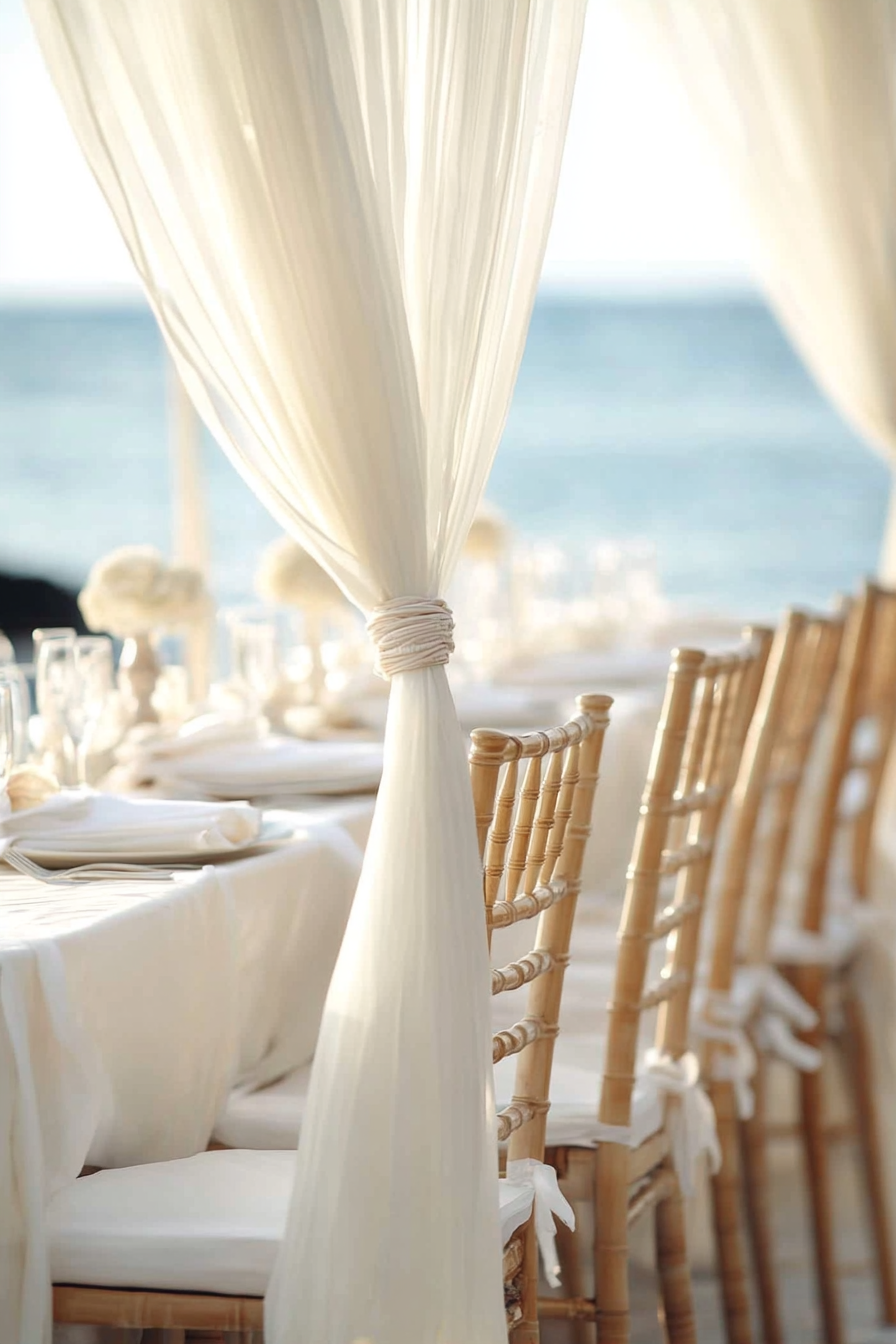 Wedding style. Pearl-white draping over seagrass chairs, shell color palette against ocean background.