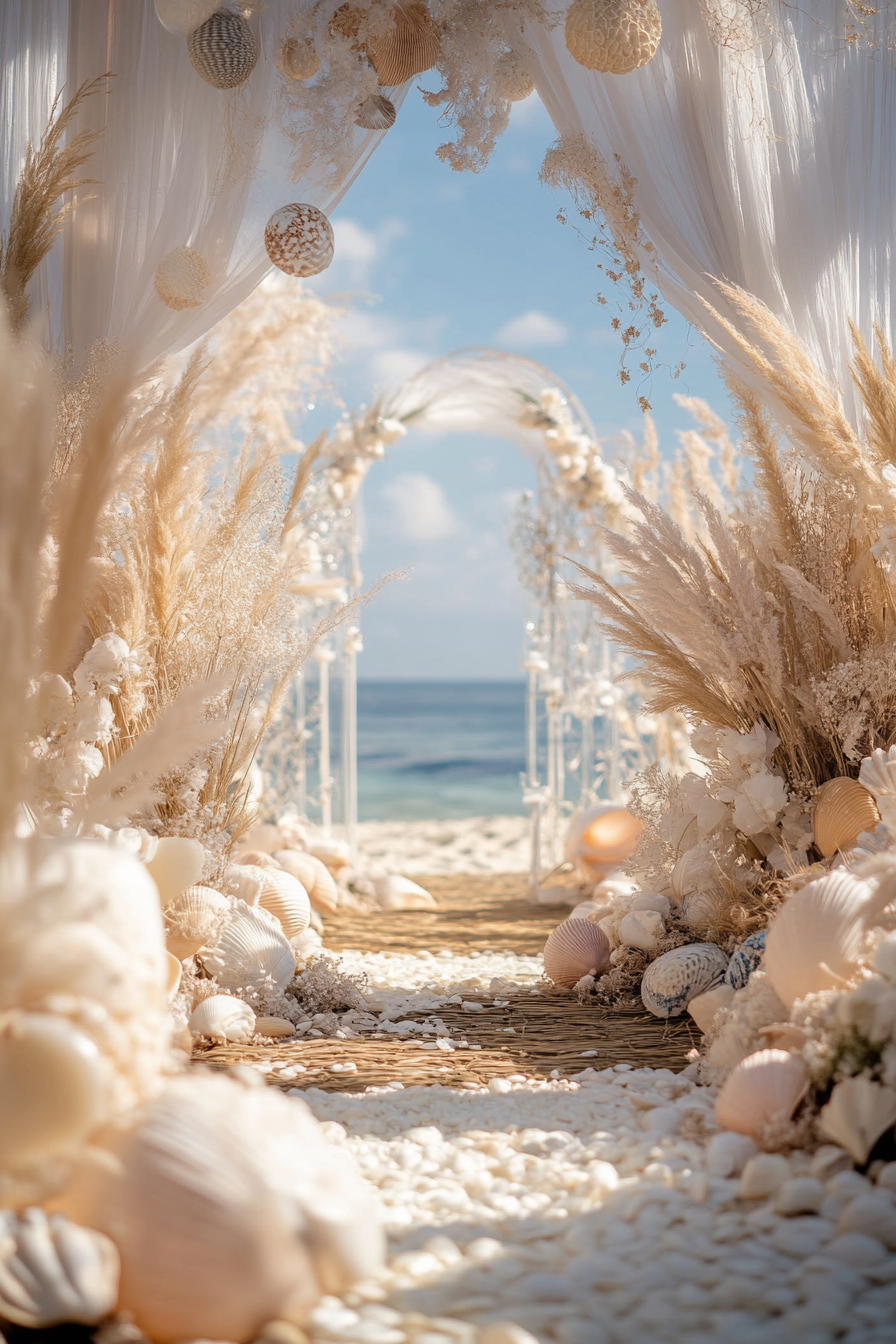 Wedding style. Pearl-white drapery, seagrass textures, seashell colors, oceanscape backdrop.