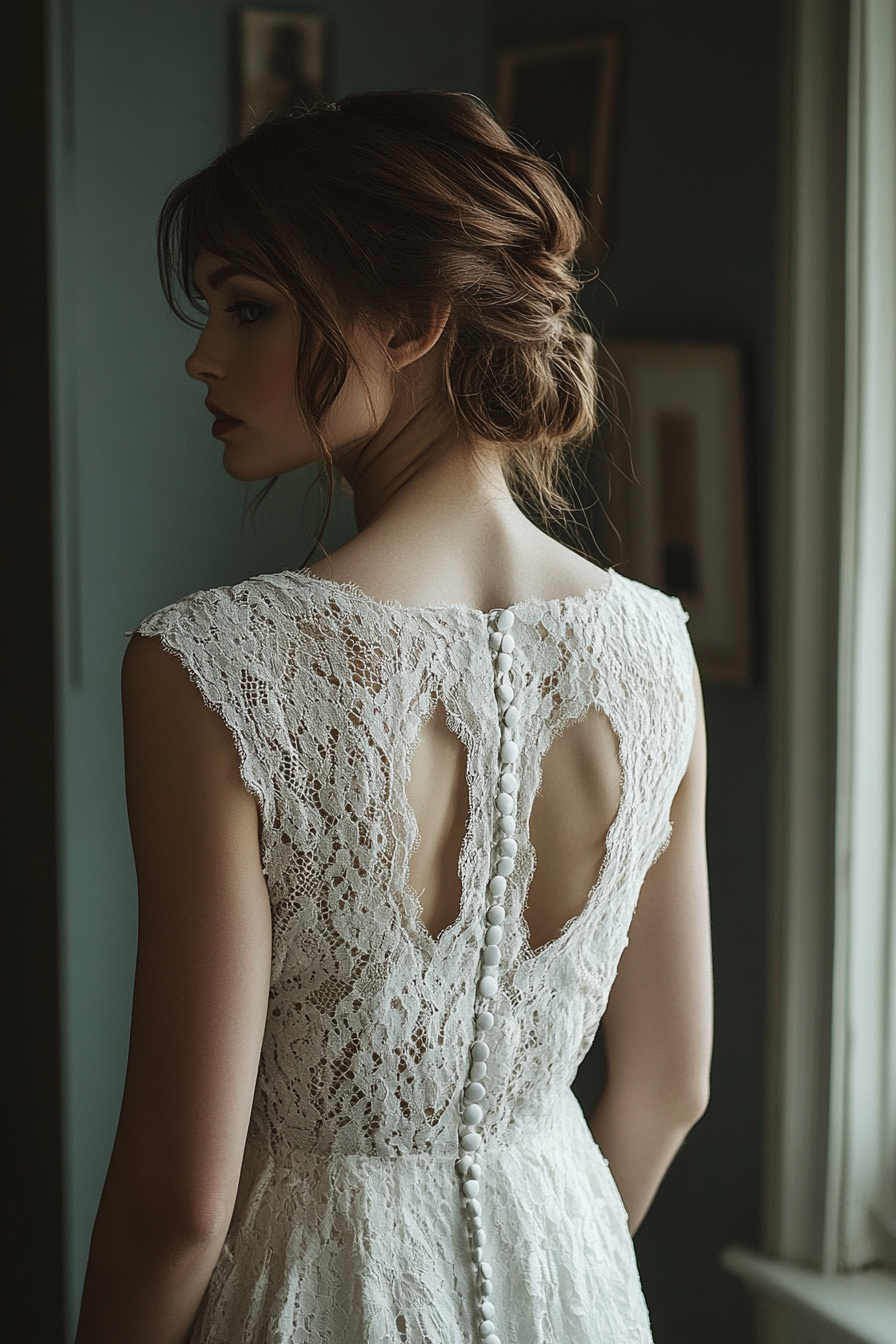 Bridal gown. Cotton lace overlay with vintage-inspired buttoned back.