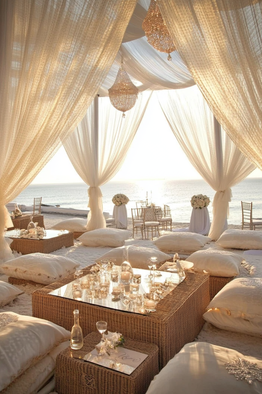 Wedding style. Pearl-white drapes, seagrass textures, shell accents, overlooking ocean.