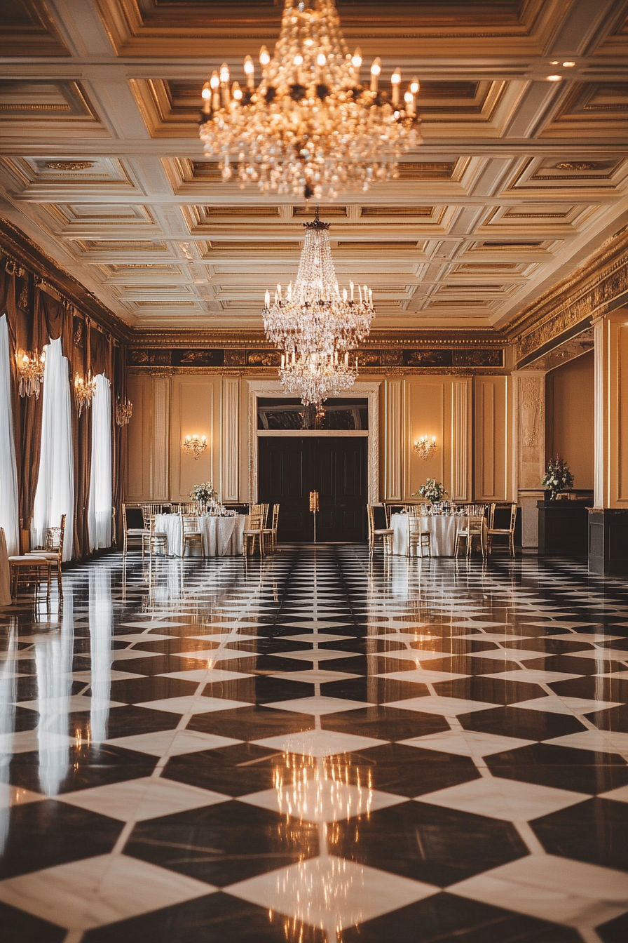 Wedding aesthetic. Gold geometric pattern, black marble floors, crystal chandeliers under coffered ceiling.