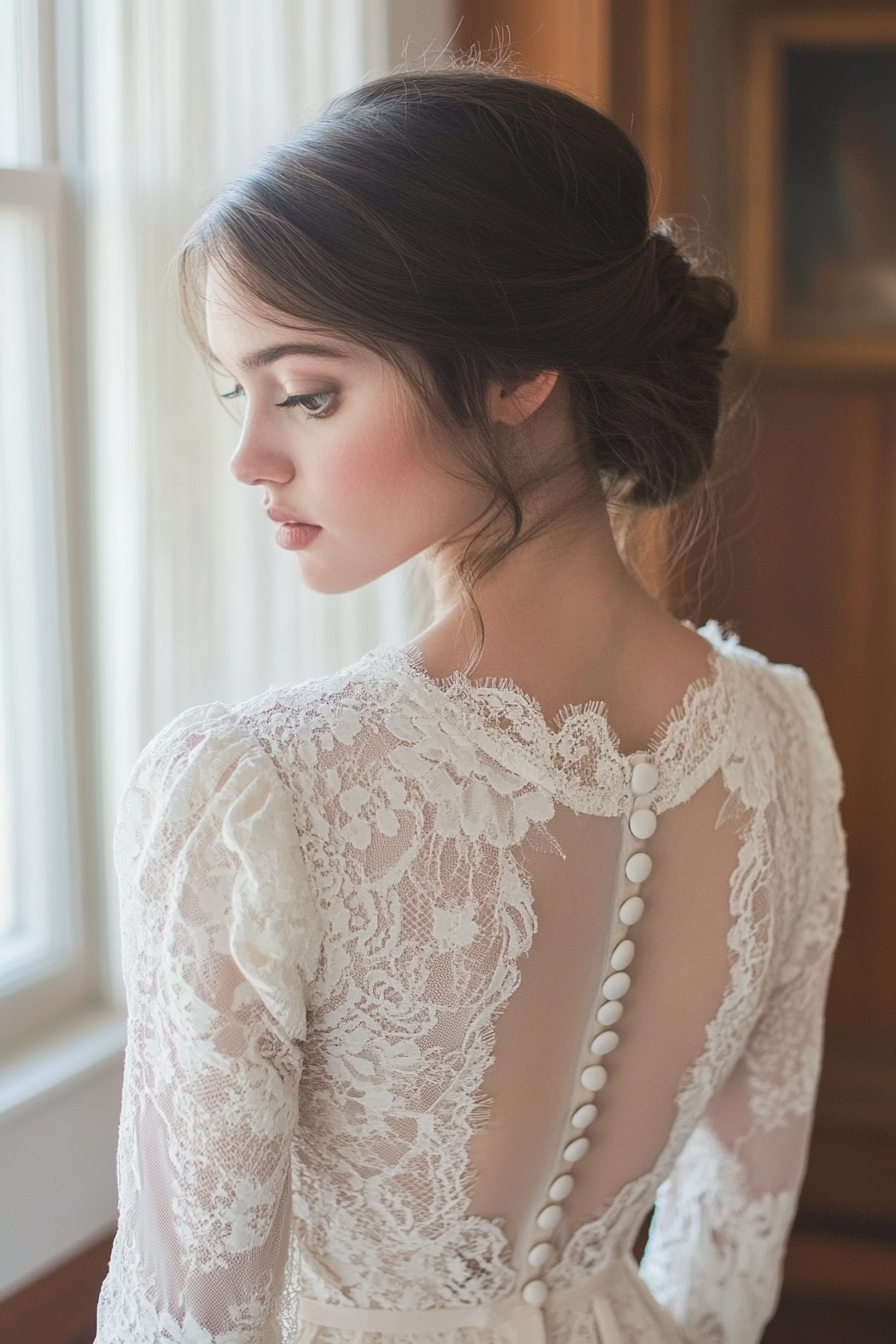 Bridal gown. Cotton lace overlay with prairie sleeves and vintage button back.