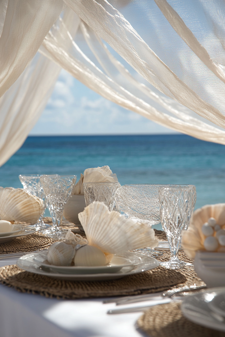 Wedding style. Chiffon pearl-white drape, seagrass mat, shell colored dishware, overlooking the ocean.