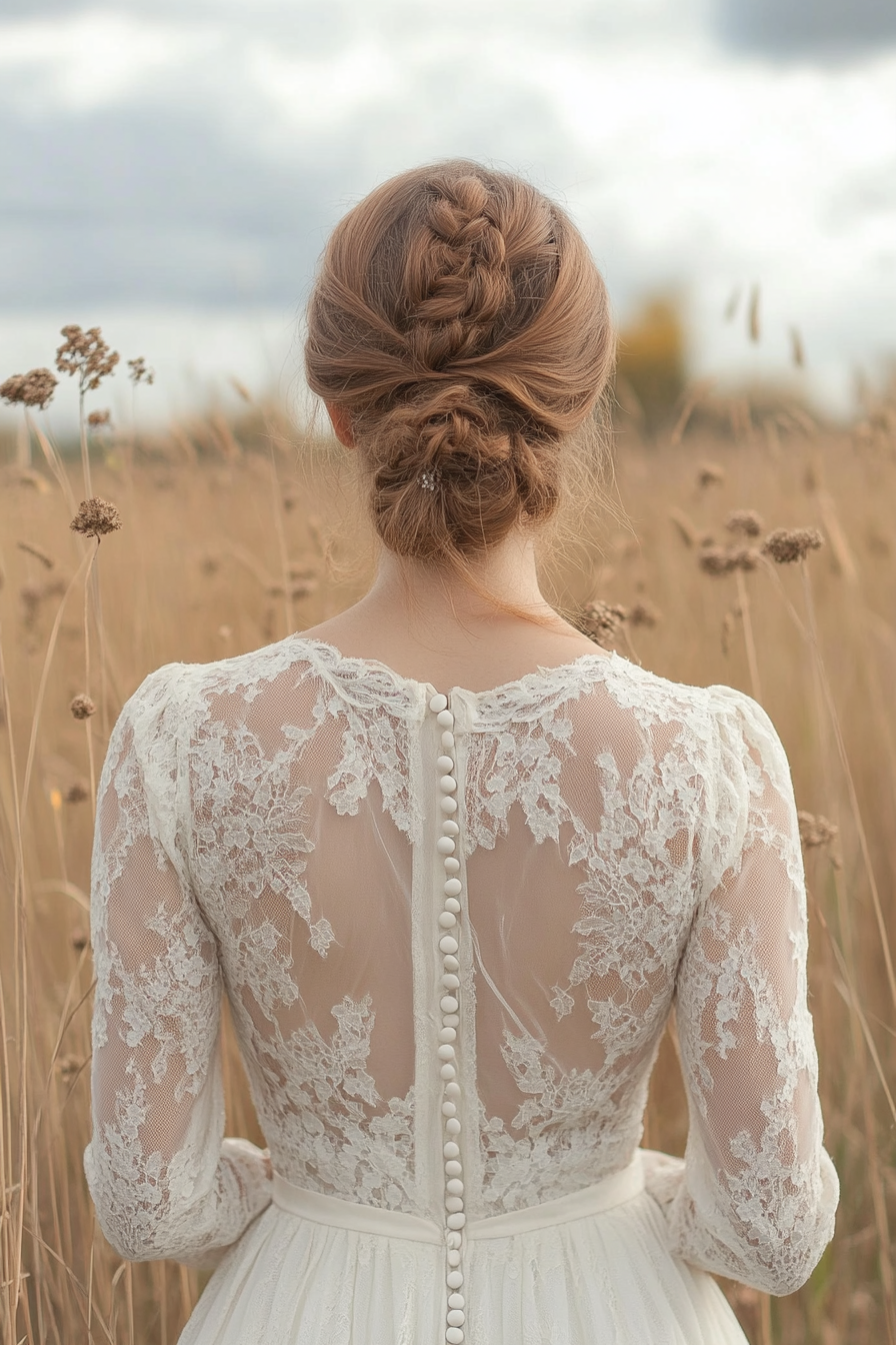 Bridal gown. Cotton lace overlay with vintage-inspired button back and prairie sleeves.