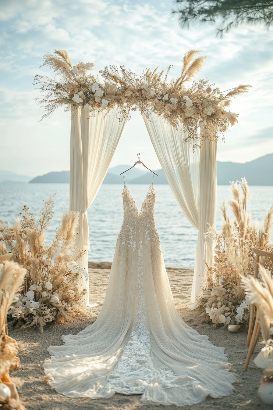 Wedding style. Pearl-white draped arch, seagrass appliqué dress, seashell centerpieces, sea view venue.