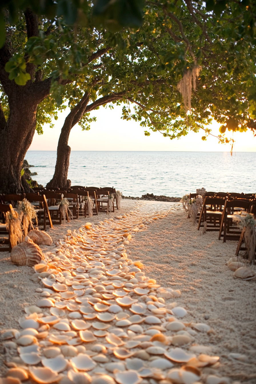 Wedding venue. Shell-lined aisle on private island with dusk tide.