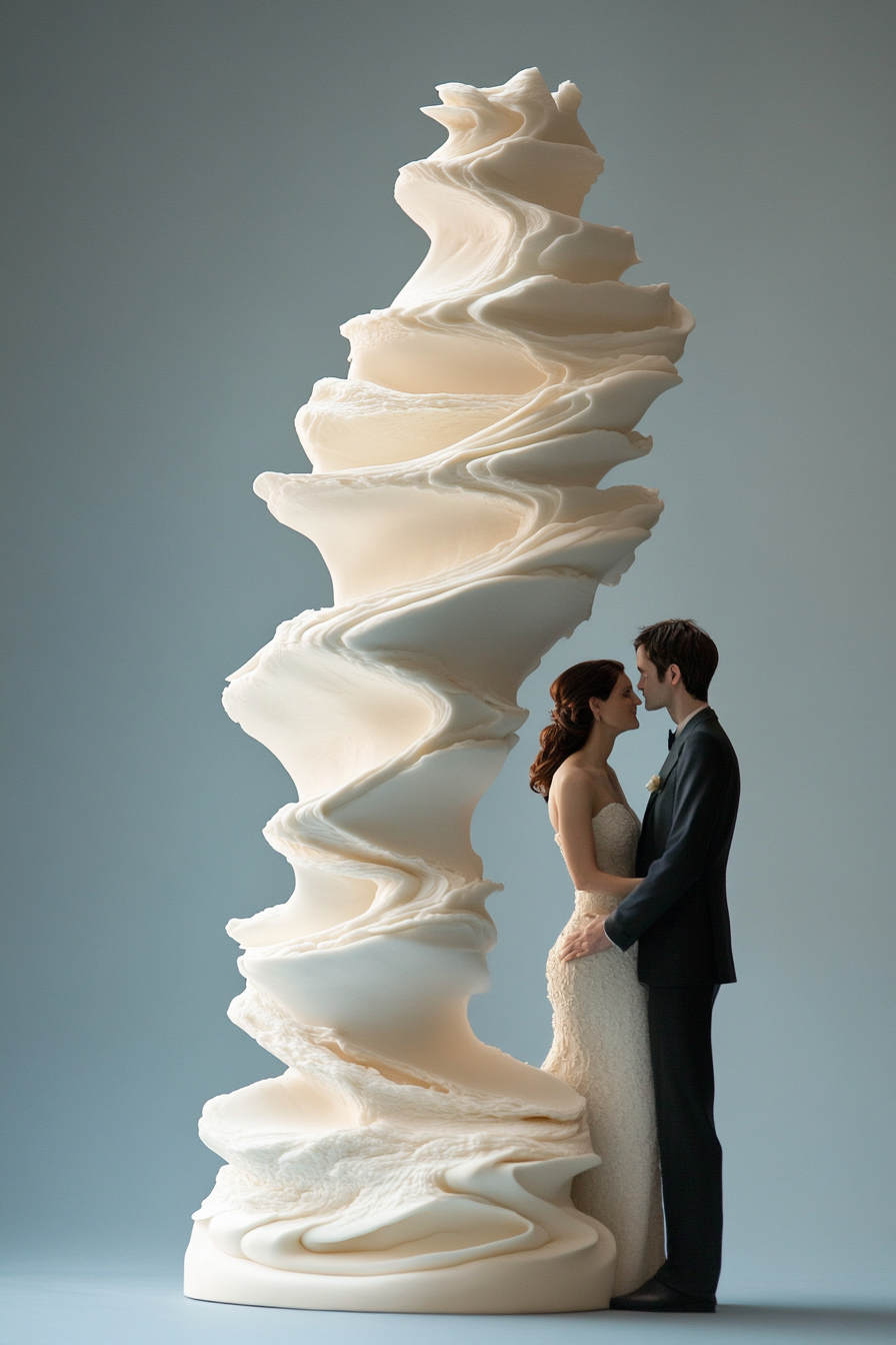 Wedding cake. Oversized tiered of asymmetrically shaped layers, tall as the couple.