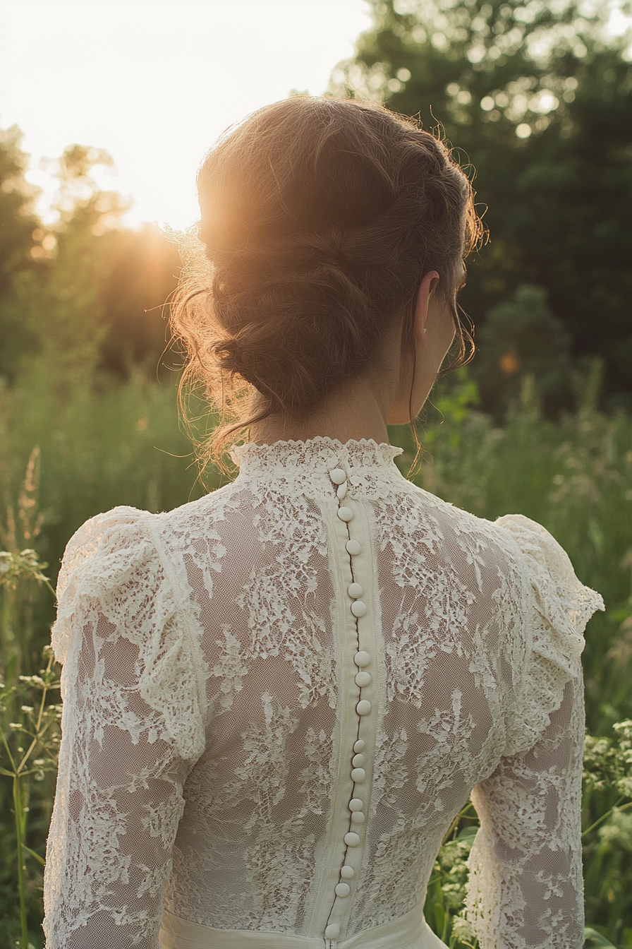 Bridal gown. Cotton lace overlay with prairie sleeves and vintage button back.