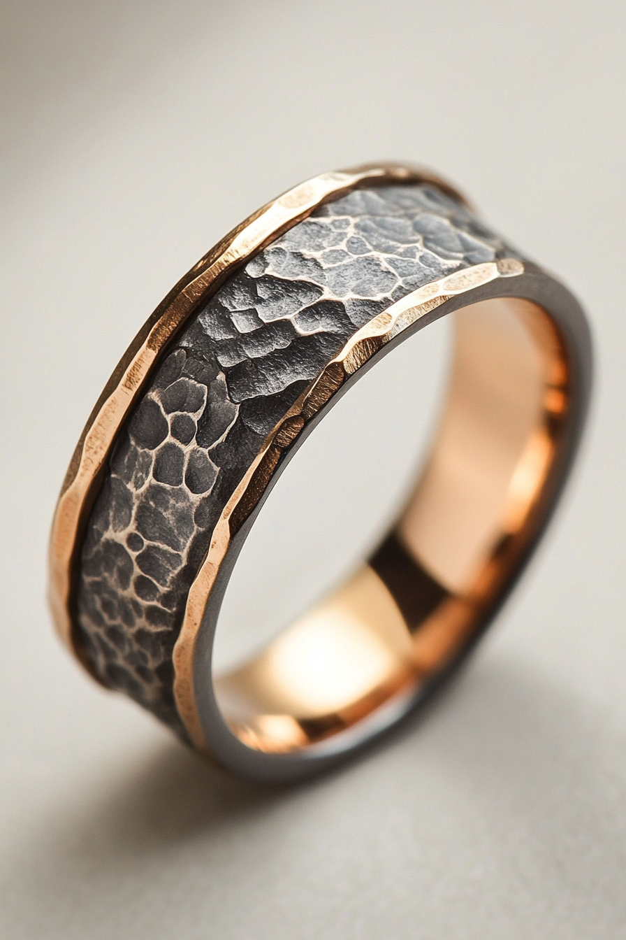 Wedding ring. Mixed metal layers, comfort-fit interior, subtle geometric texture.