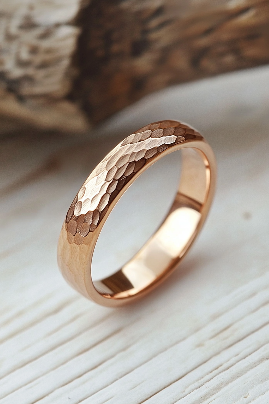 Wedding ring. Rose gold band, comfort-fit interior, subtle rhombus texture details.