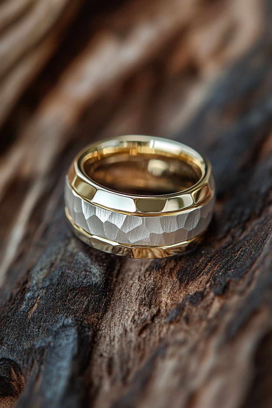 Wedding ring. Gold and silver layers, comfort-fit interior, and geometric texture details.