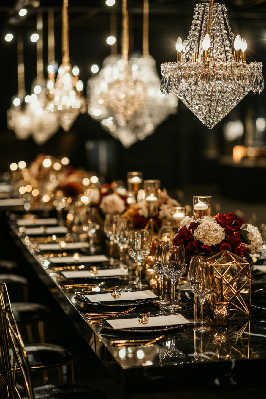 Wedding aesthetic. Gold geometric patterns on black marble table setting under crystal chandeliers.