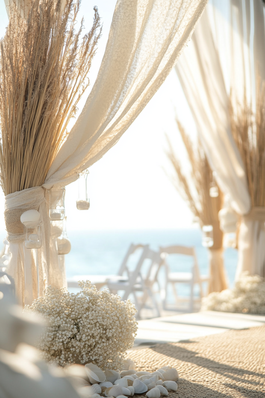 Wedding style. Pearl-white drapes, seagrass textures, shell color palette with ocean view.