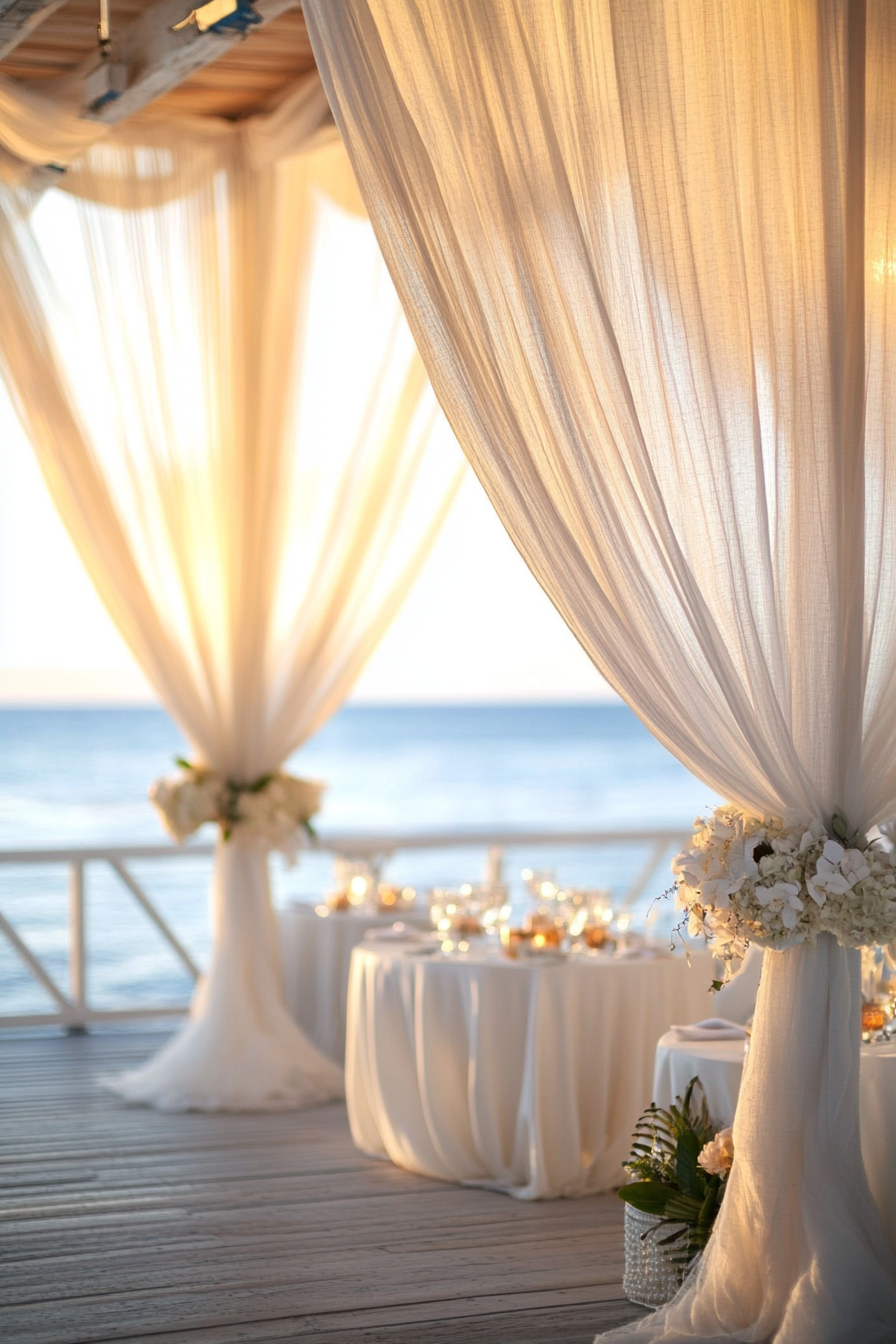 Wedding style. Pearl-white drapes, seagrass textures, shell-colored accents, ocean view setting.