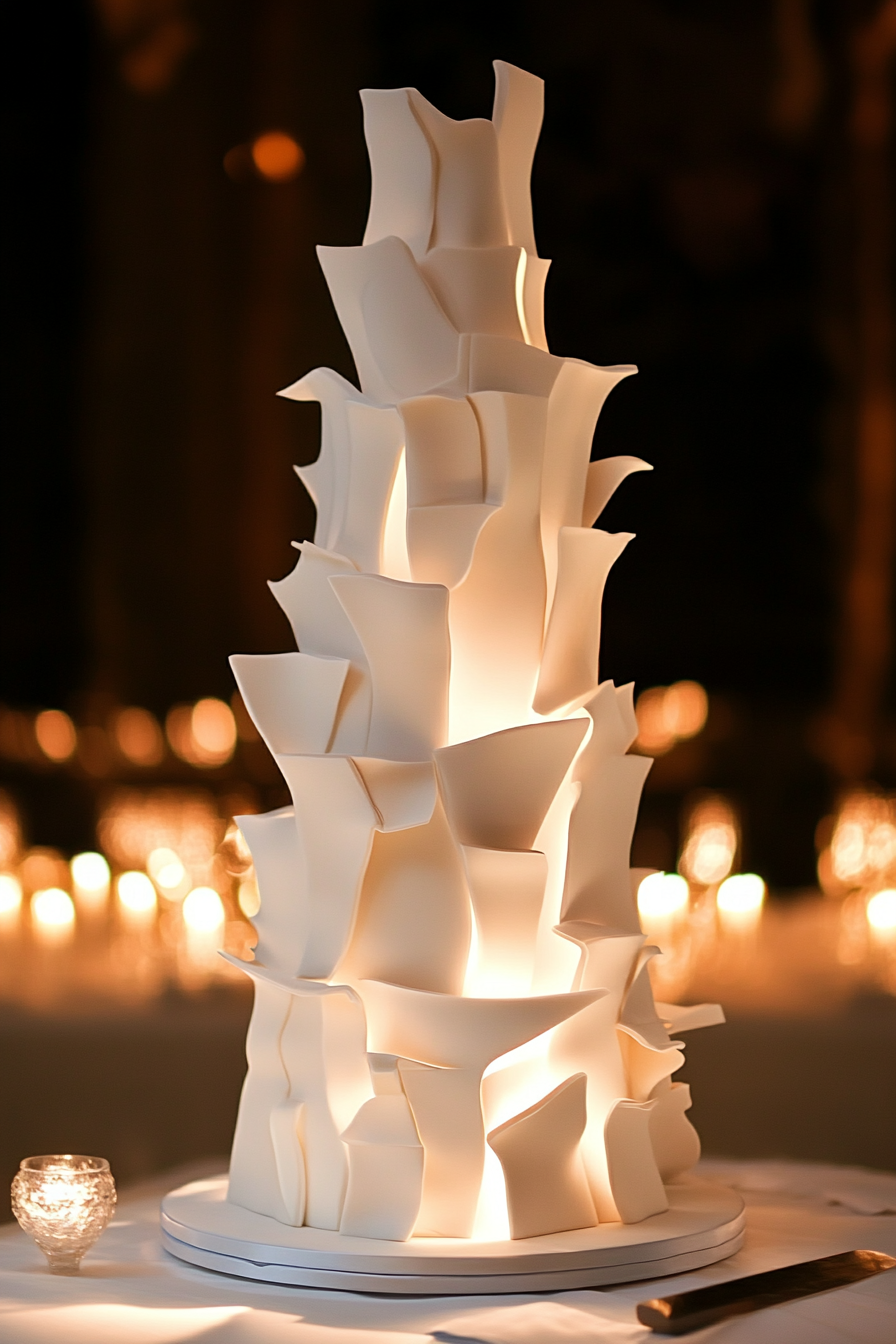 Wedding cake. Asymmetrical, towering tiers with oversized distinct shapes.