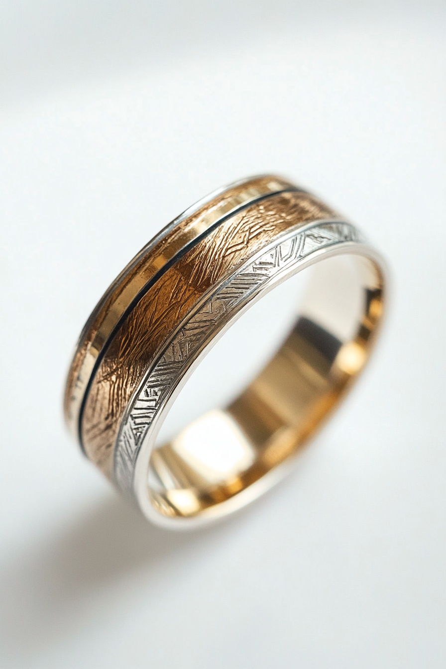 Wedding ring. Mixed metal layers with silver garnish, comfortable padding and linear carved patterns.