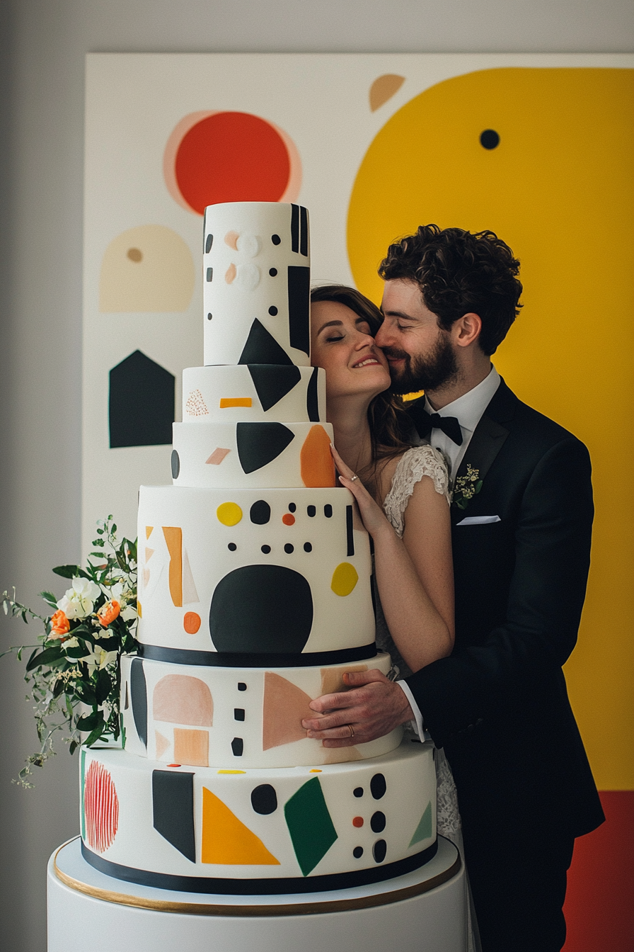 Oversized tiered wedding cake. Geometric, asymmetric patterns reaching couple's height.