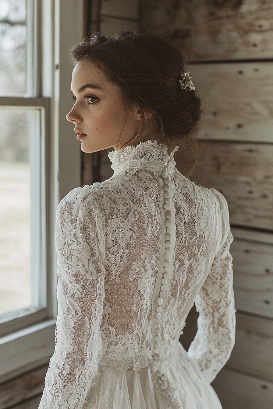 Bridal gown. Cotton lace overlay, prairie sleeves, vintage-inspired button back.