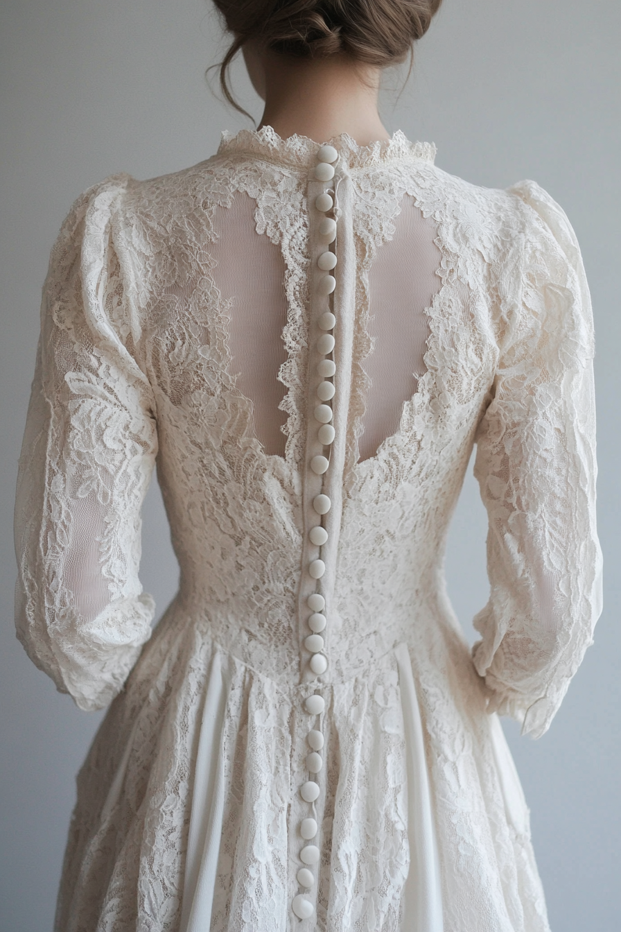 Bridal gown. Cotton lace overlay with vintage button back and prairie sleeves.