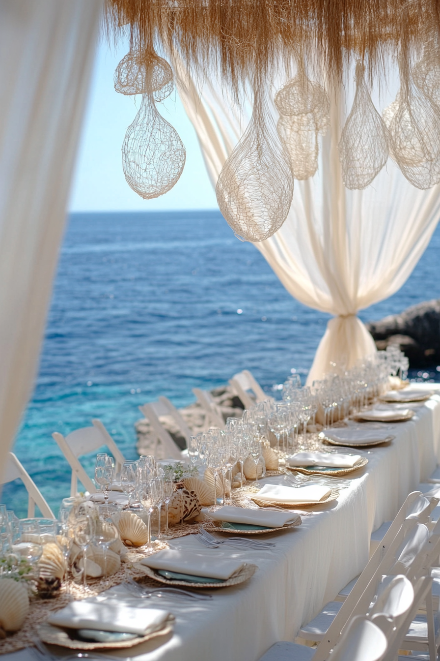 Wedding style. Pearl-white drapes, seagrass displays, shell-colored decorations, and crystal-clear ocean backdrop.