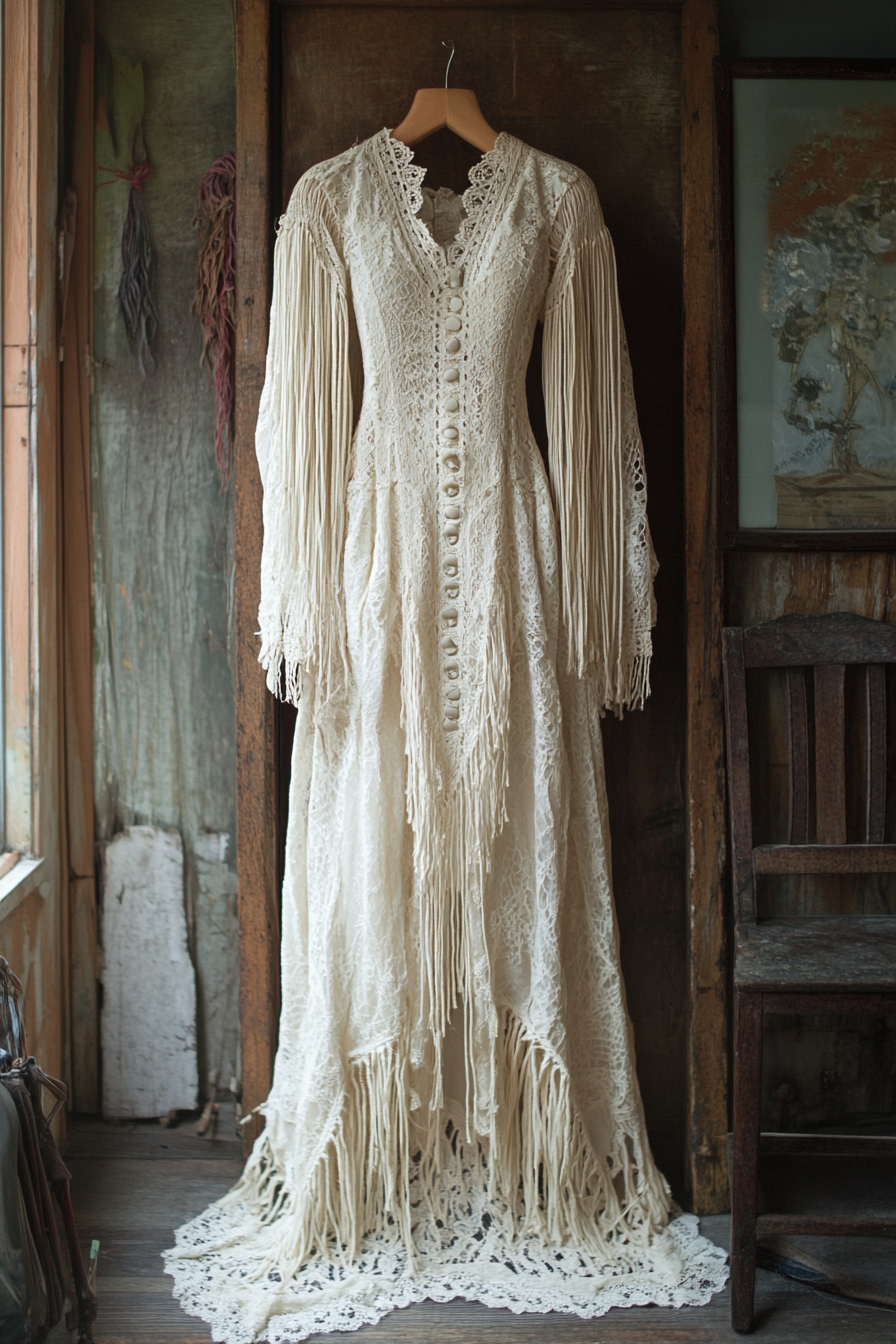 Bridal gown. Vintage fringe shawl, button back accents, prairie sleeves, cotton lace overlay.