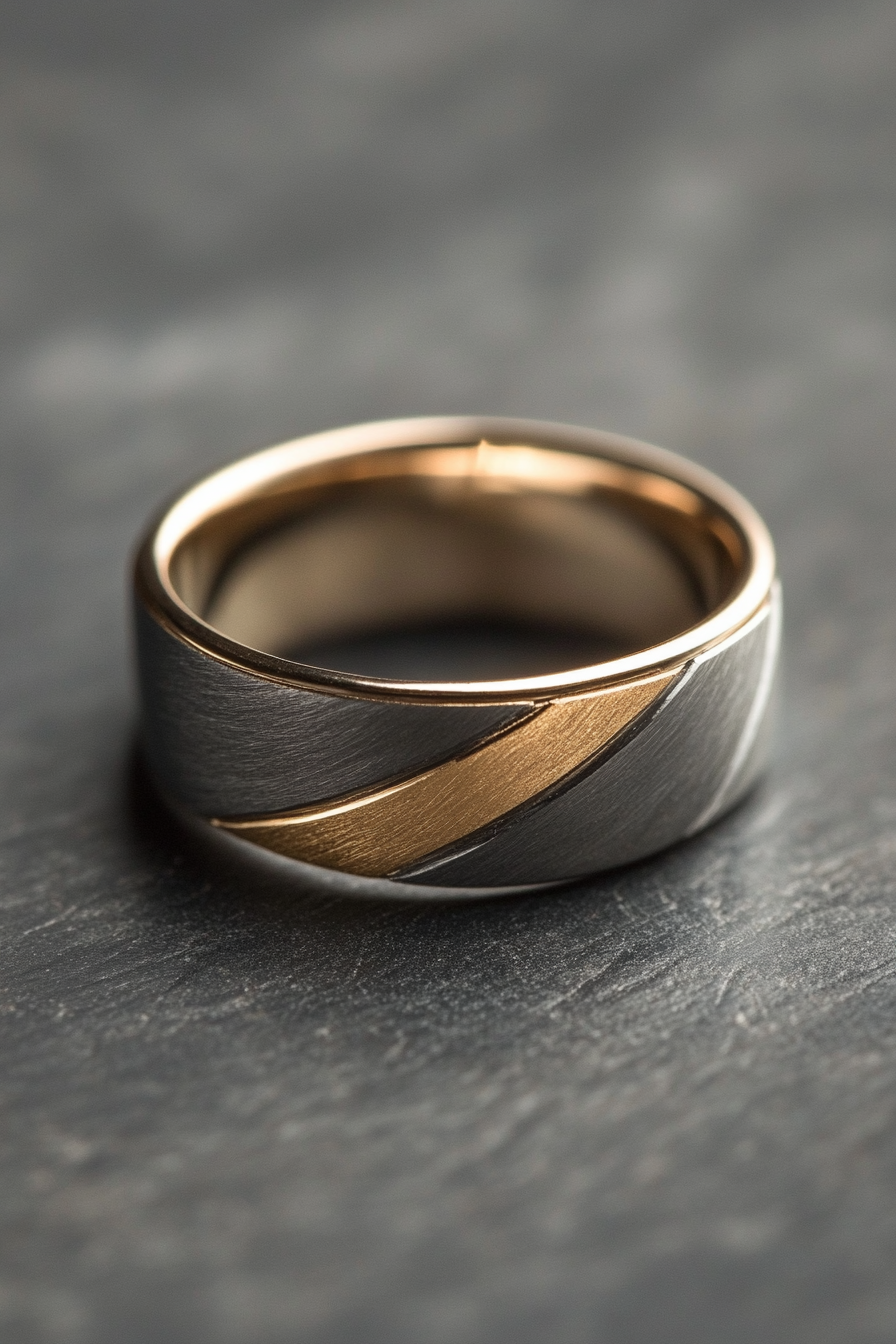 Wedding ring. Mixed metal layers, comfort-fit interior and subtle geometric texture.