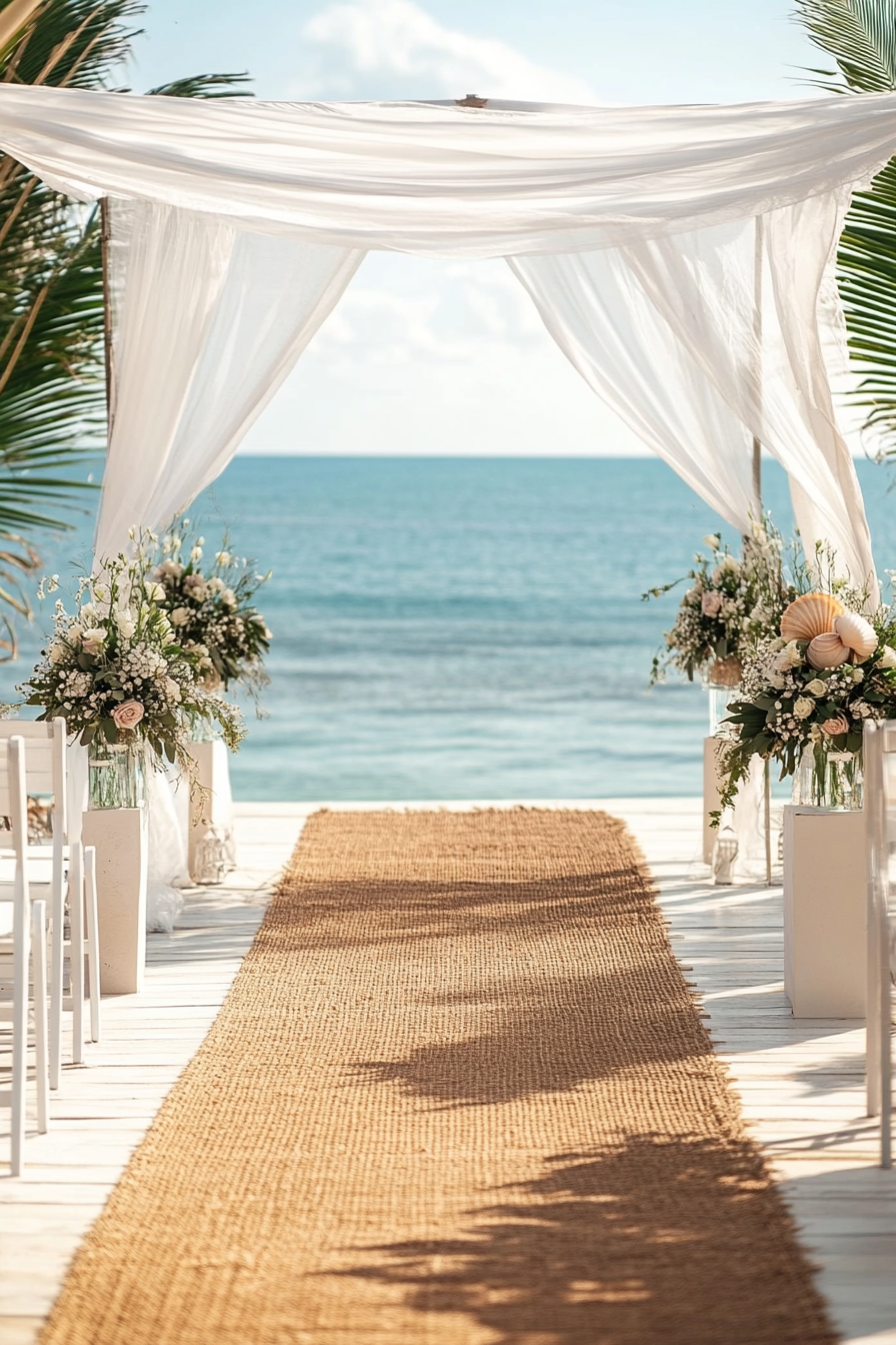 Wedding style. Pearl-white canopy, seagrass texture aisle rug, shell-themed centre-piece, overlooking the ocean.