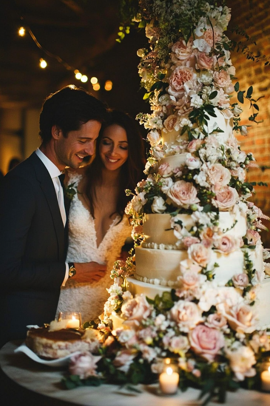 Oversized wedding cake. Asymmetrical tiers ending at couple's height.