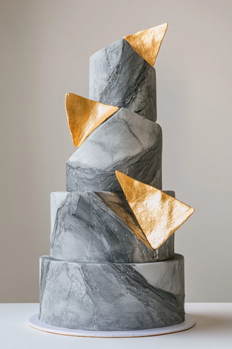 Wedding cake. Towering grey marble tiered fondant with gold asymmetric geometric shapes.