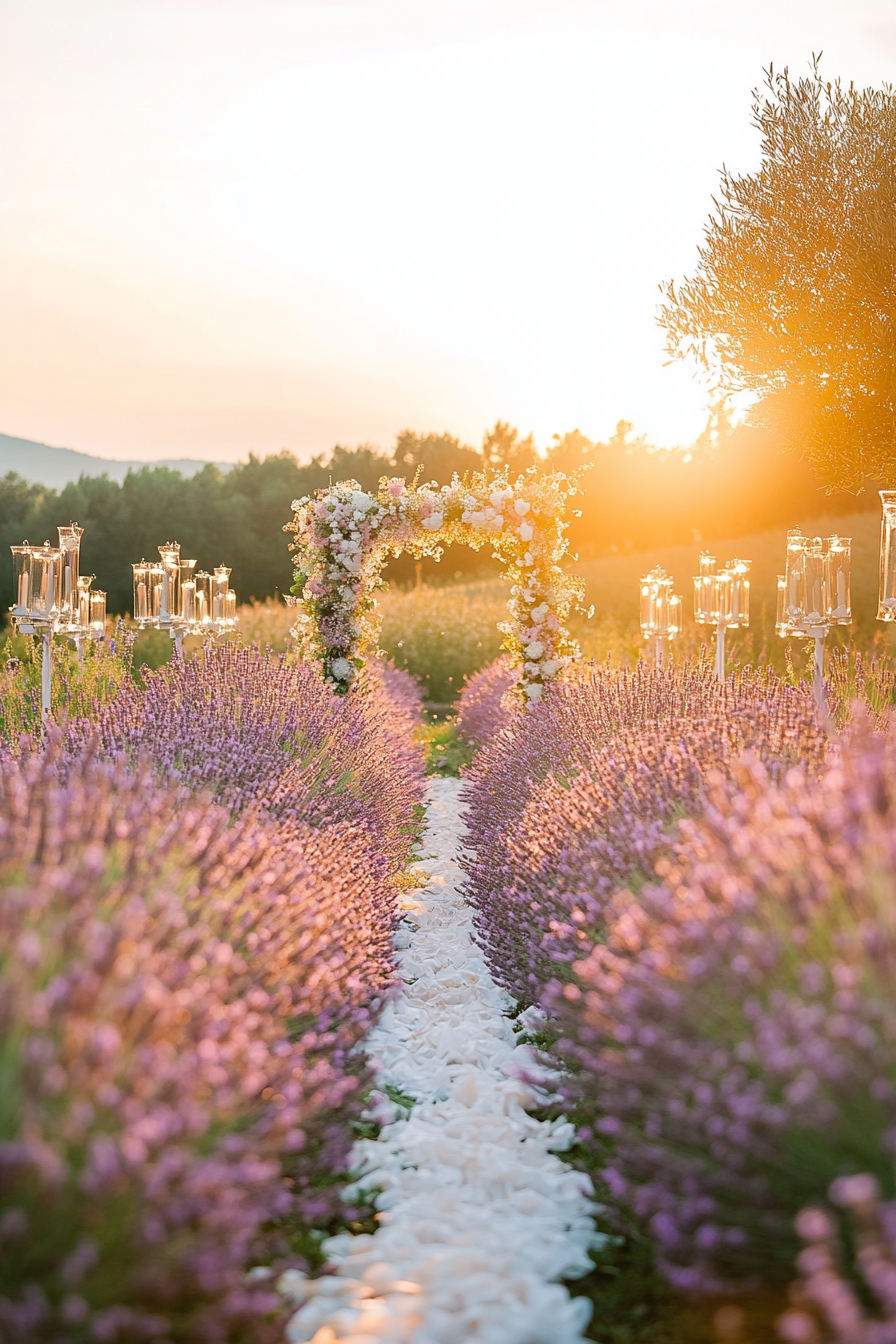 Wedding design. Sunset ceremony in lavender field with white suggested honey.