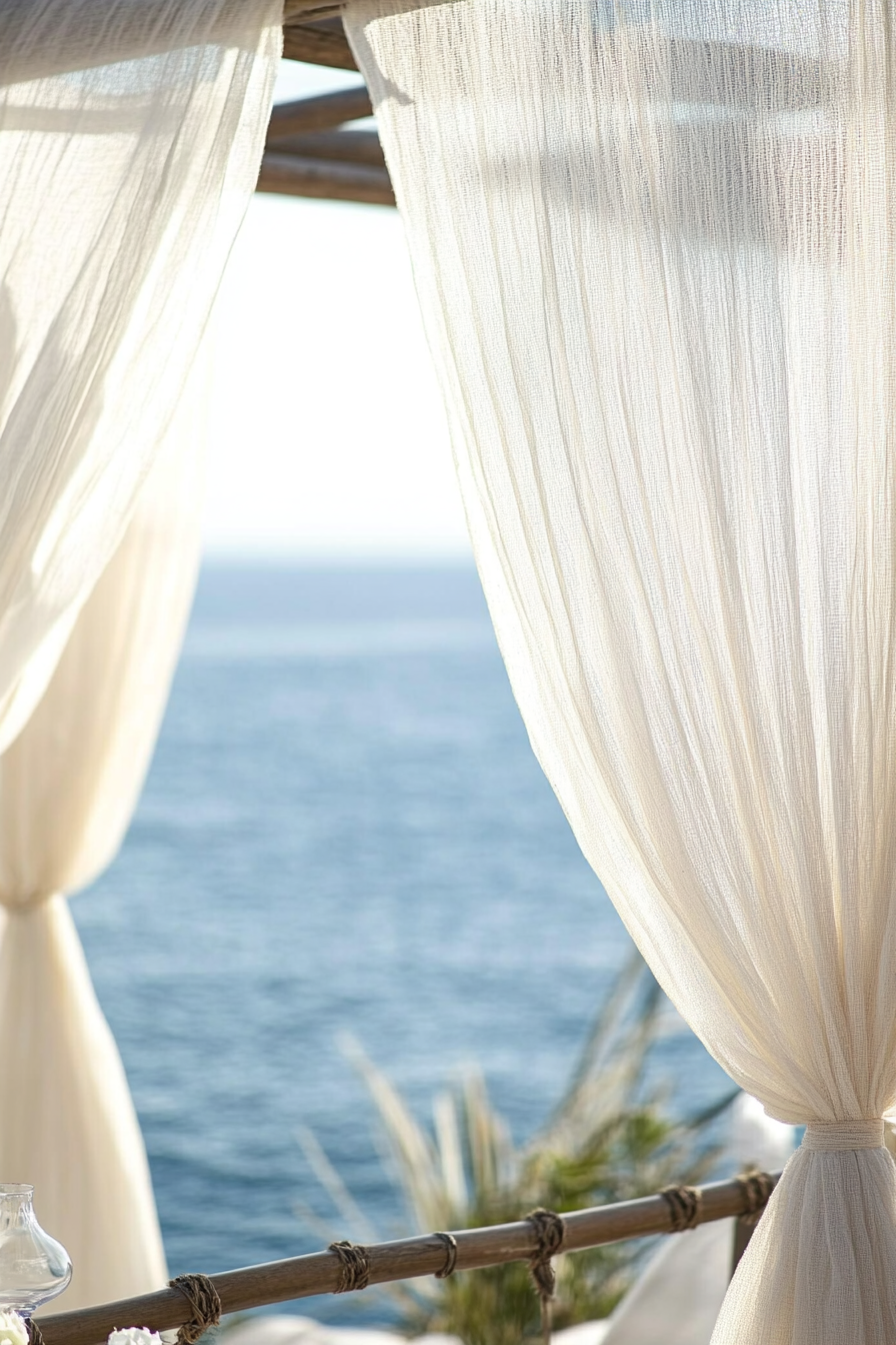 Wedding style. Pearl-white drapery, seagrass textures over ocean vista.