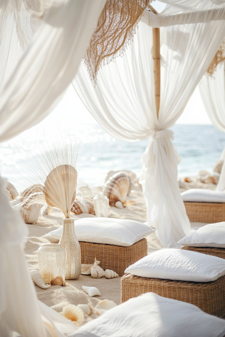 Wedding style. Pearl-white drapes, textured seagrass decorations, shell-inspired color palette, ocean backdrop.