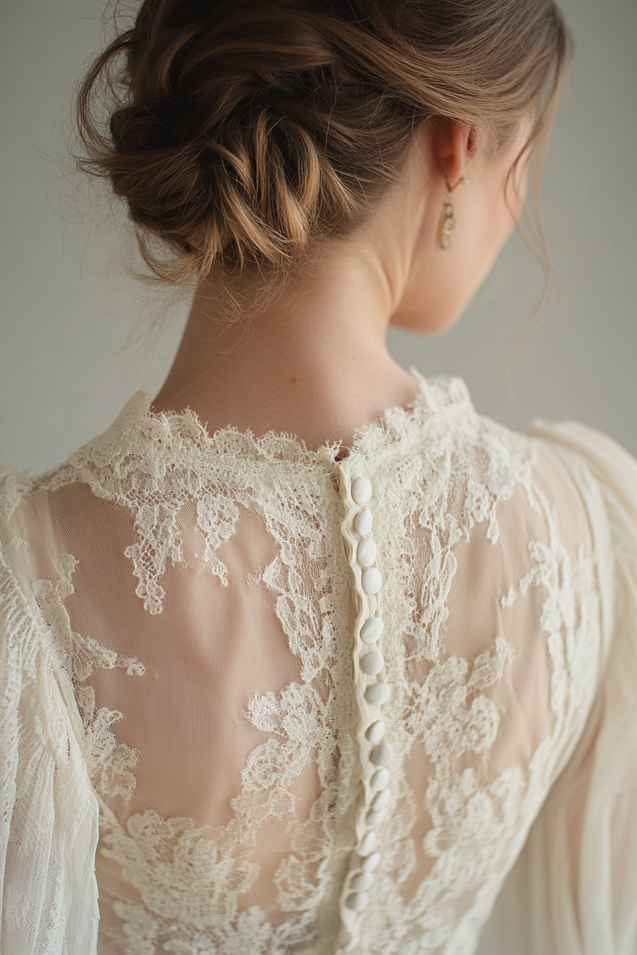 Bridal gown. Cotton lace overlay with prairie sleeves and vintage button back.