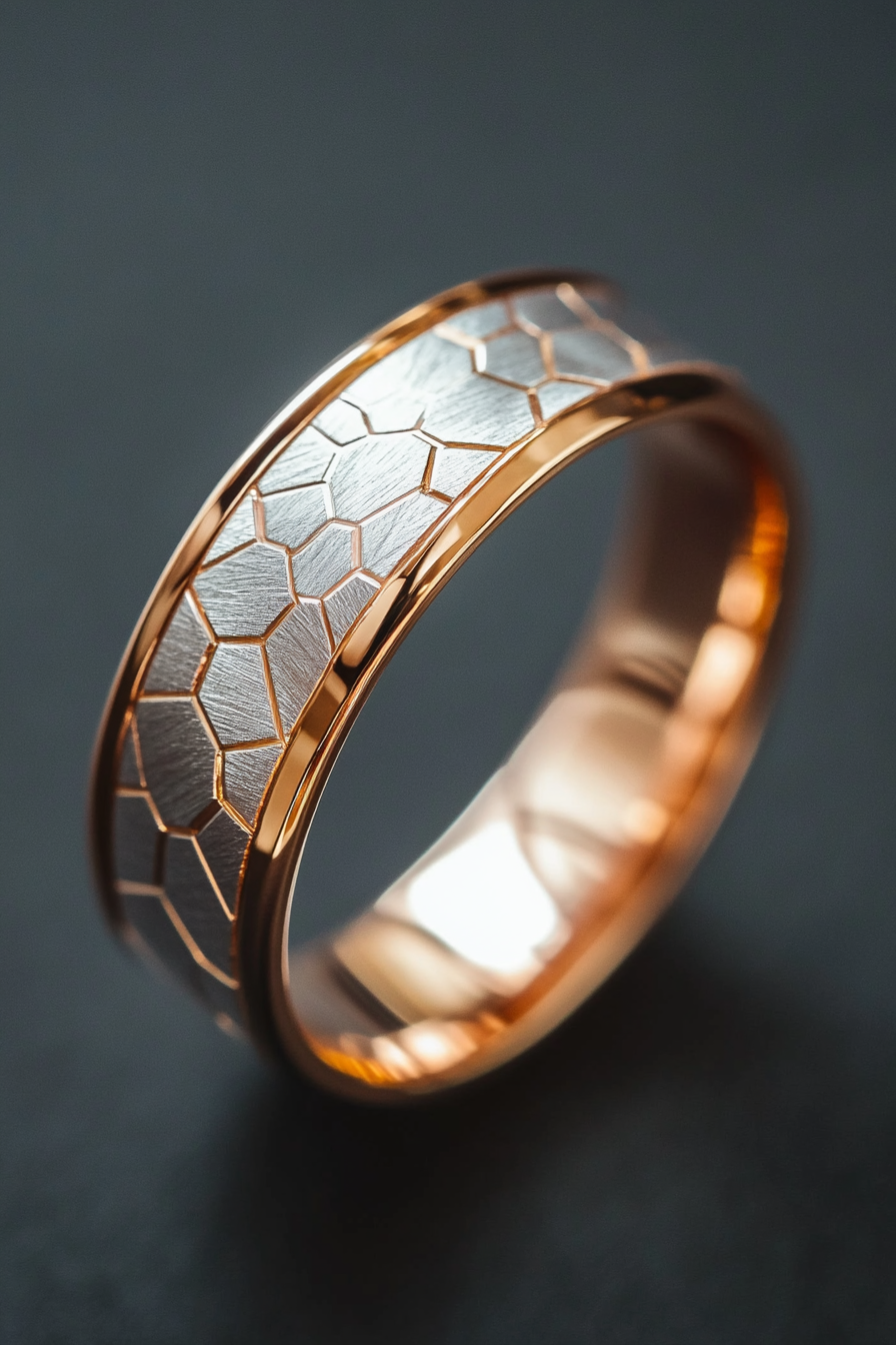 Wedding ring. Rose-gold and silver layers with a geometric-etched comfort-fit interior.