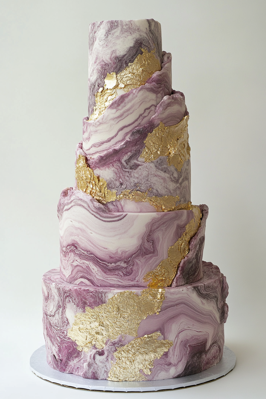 Oversized wedding cake. Marbled asymmetrical tiers with gold leaf accents.