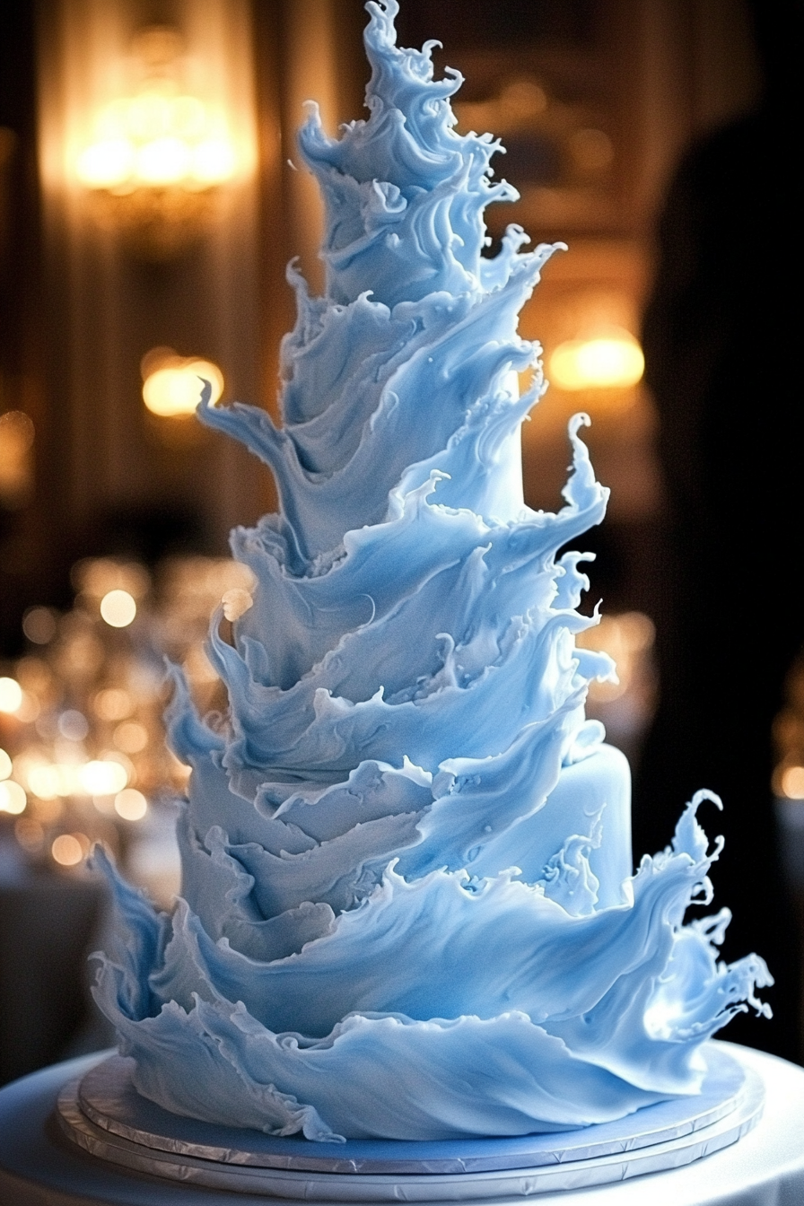 Wedding cake. Oversized, five-tiered with sky-blue icing and asymmetric silhouette.