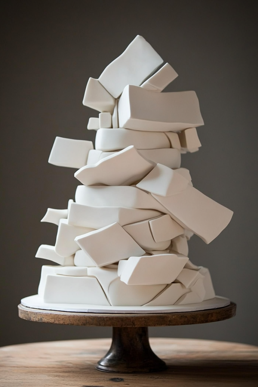 Oversized wedding cake. Tiered, asymmetrical shapes, equivalent to couple's height.