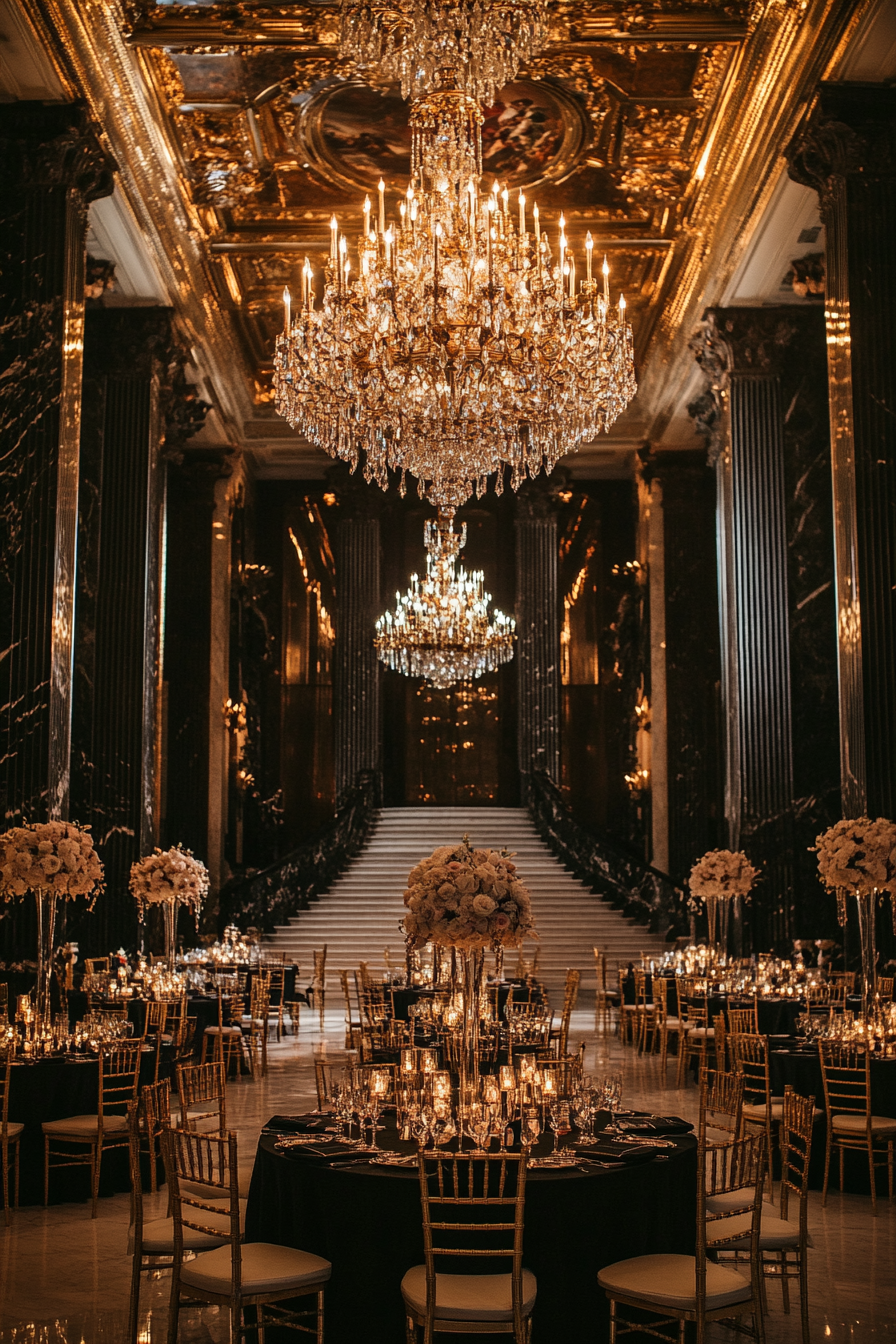 Wedding aesthetic. Gold patterned invites, black marble tables, crystal chandeliers in stepped-ceiling hall.