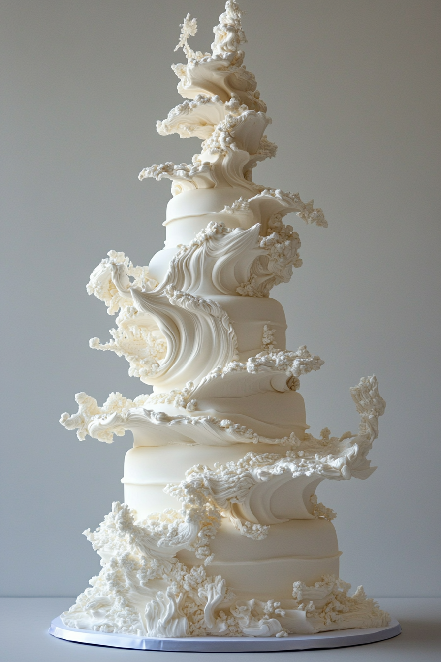 Wedding cake. Cumbersome, towering tiered sculpture with rare asymmetrical formations.